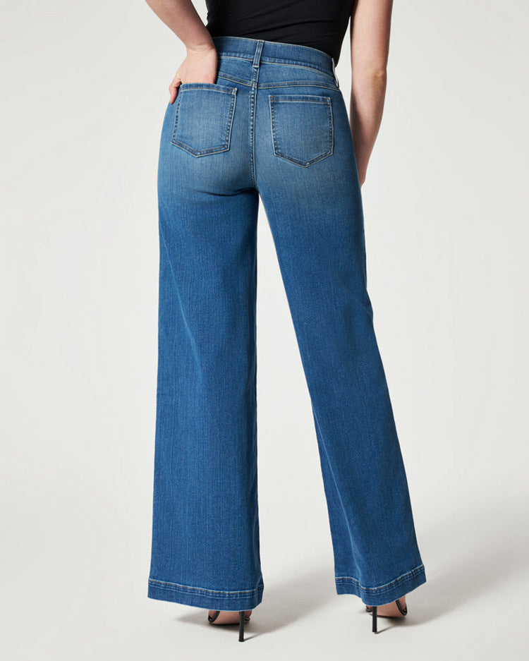 Gerade Damenjeans mit elastischem Bund und weitem Bein