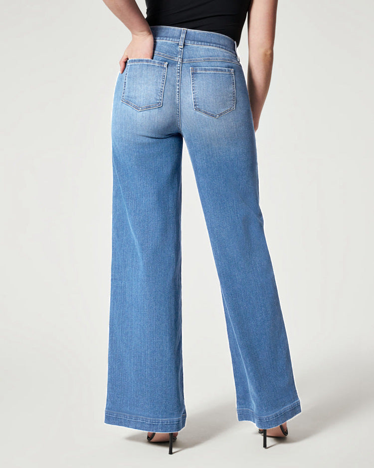Gerade Damenjeans mit elastischem Bund und weitem Bein