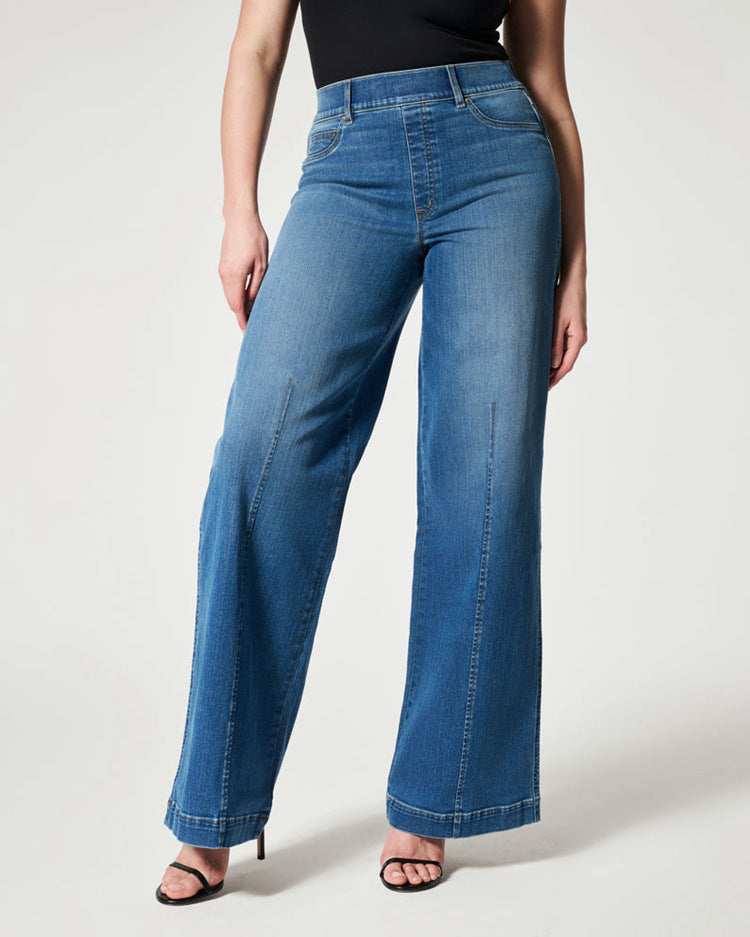Gerade Damenjeans mit elastischem Bund und weitem Bein
