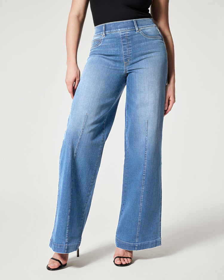 Gerade Damenjeans mit elastischem Bund und weitem Bein