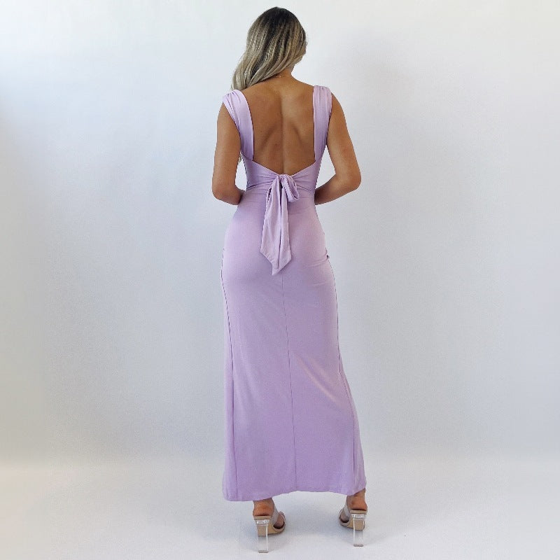 Elegantes Damen-Slimkleid mit Rückenschleife und Schlitz – Ärmellos & figurbetont