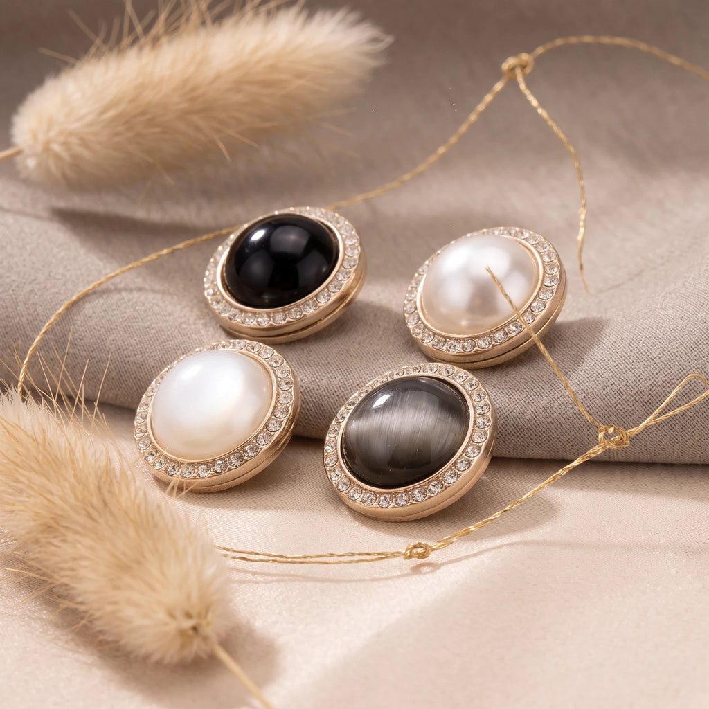 Eternal Aura Éclat hijab magnets featuring round decorative designs with crystals on a soft fabric background.
