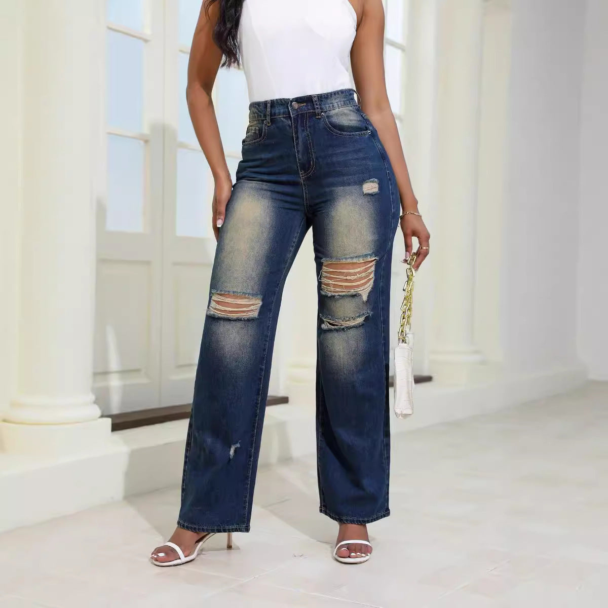 Ripped High Waist Jeans – Slim Fit Damen