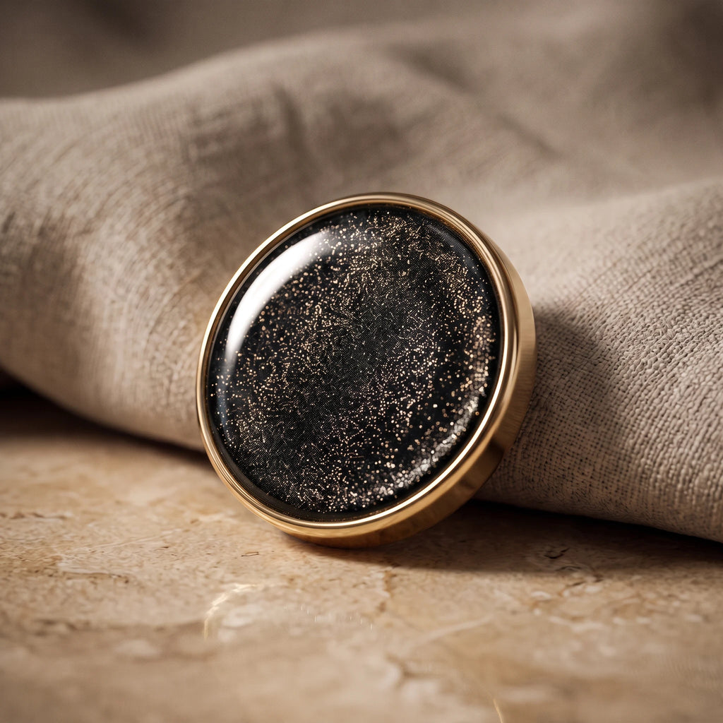 Eternal Aura Aurelia hijab magnet featuring a round black glittery surface with a polished gold rim on fabric.