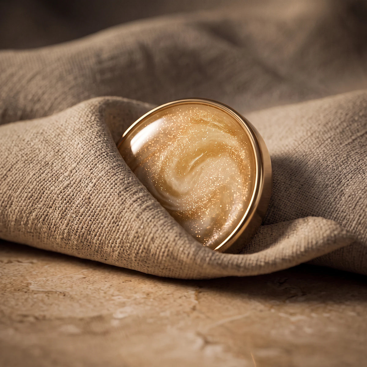Eternal Aura Aurelia hijab magnet in a shimmering gold finish, featuring a minimalist round design on beige fabric.