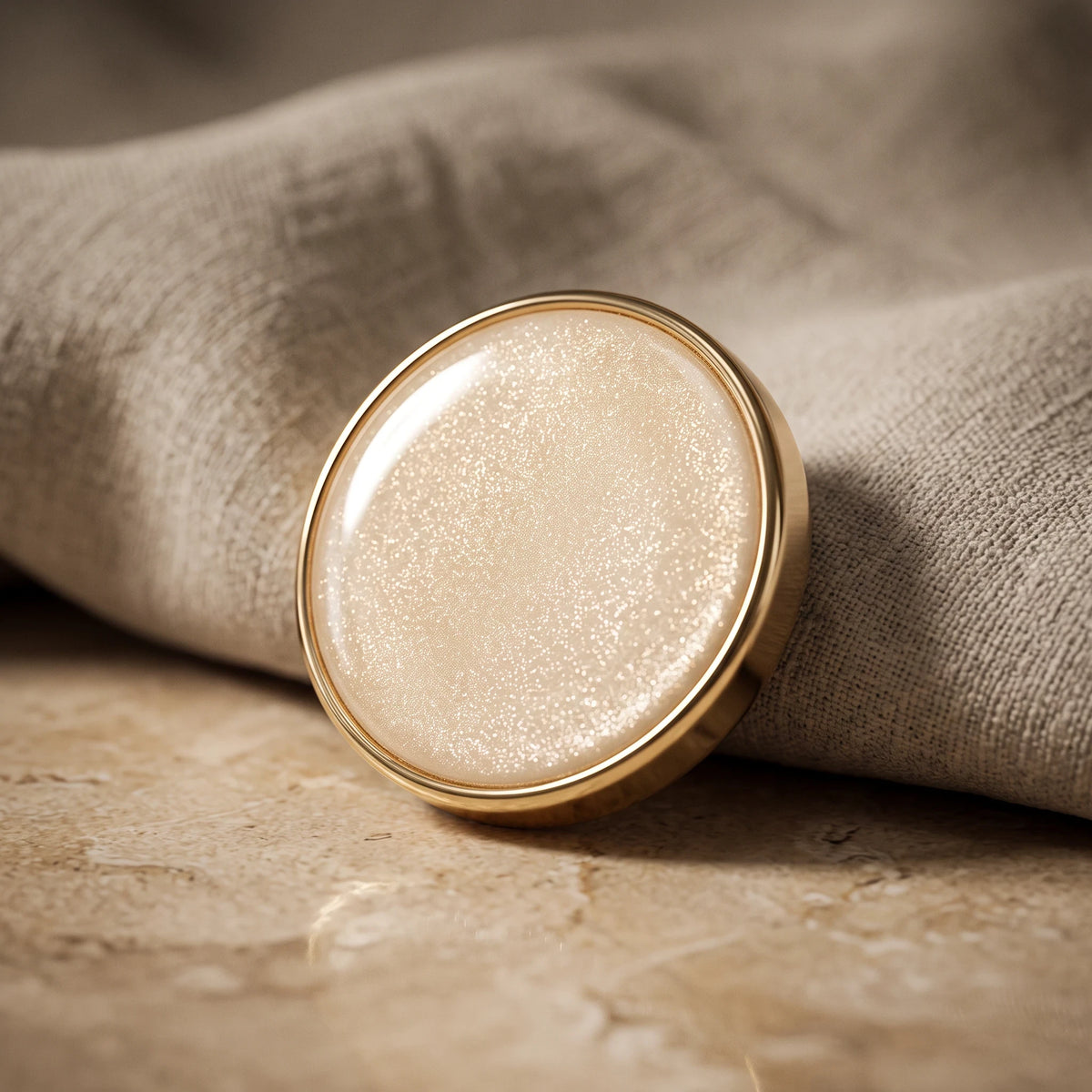 Eternal Aura Aurelia hijab magnet in a round, shimmering gold design resting on soft beige fabric.