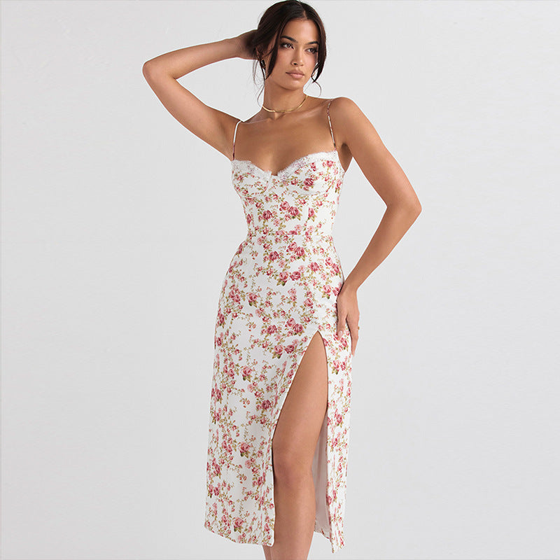 Langes Spitzenkleid mit Blumenprint